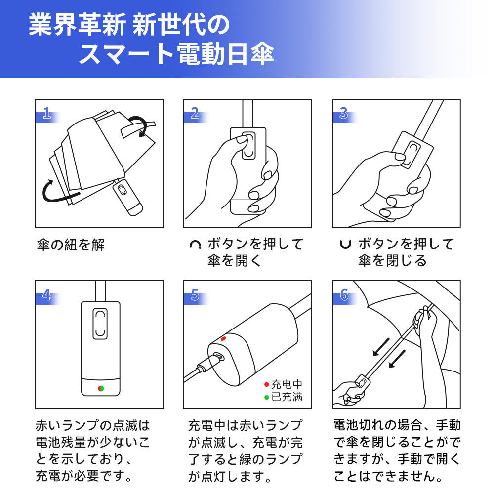 スマート電動折りたたみ傘自動開閉逆折り式UVカット晴雨兼用