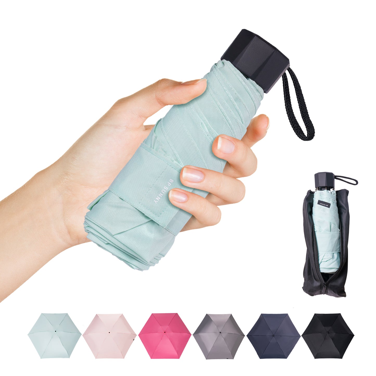 BP SUNNY Petit Parapluie, Anti UV Soleil Parapluie de Poche, Manuel Compact Mini Parapluie Mixte pour Activités de Plein Air de Voyage Pliable Avec Sac à Provisions